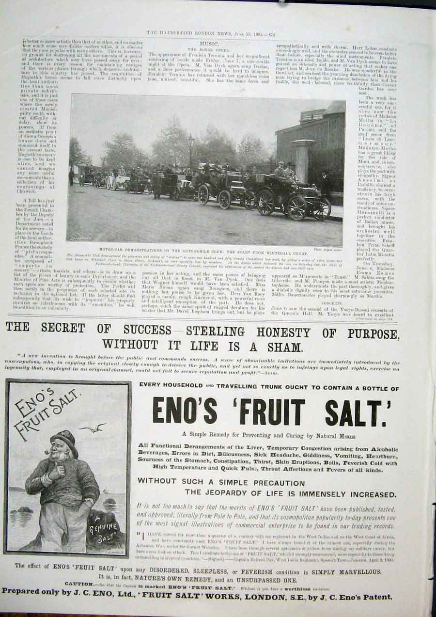 Original Old Antique Print Motor Car Automobile Whitehall Advert Enos Fruit Salt