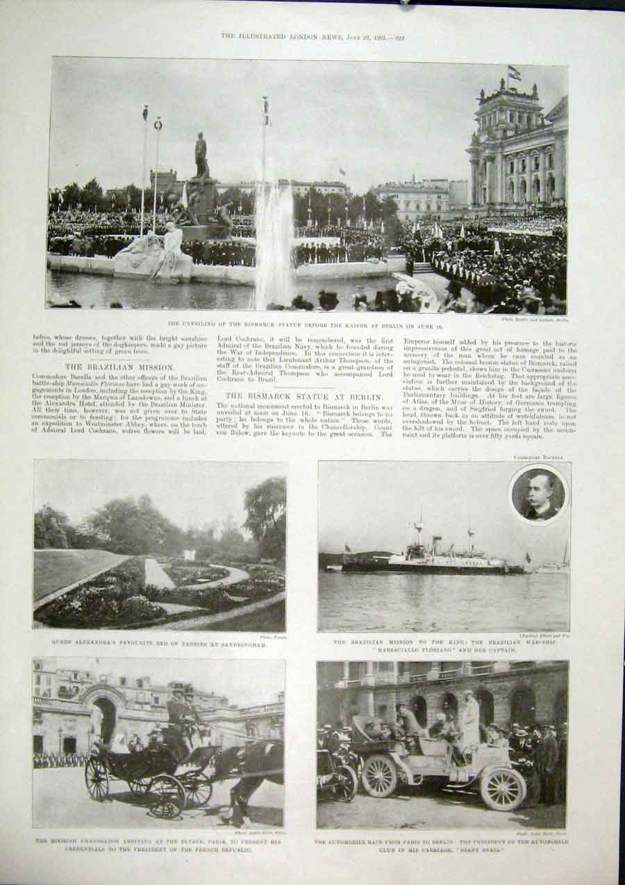 Old Antique Print Bismarck Statue Berlin Sandringham Paris Elysee Brazil