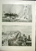 Old Antique Print Star Fish Ship Submarine Viaduct New York America 1901 20th