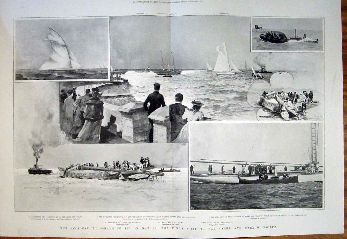 Original Old Antique Print Accident Shamrock Royal King Yacht Wreck 1901 20th