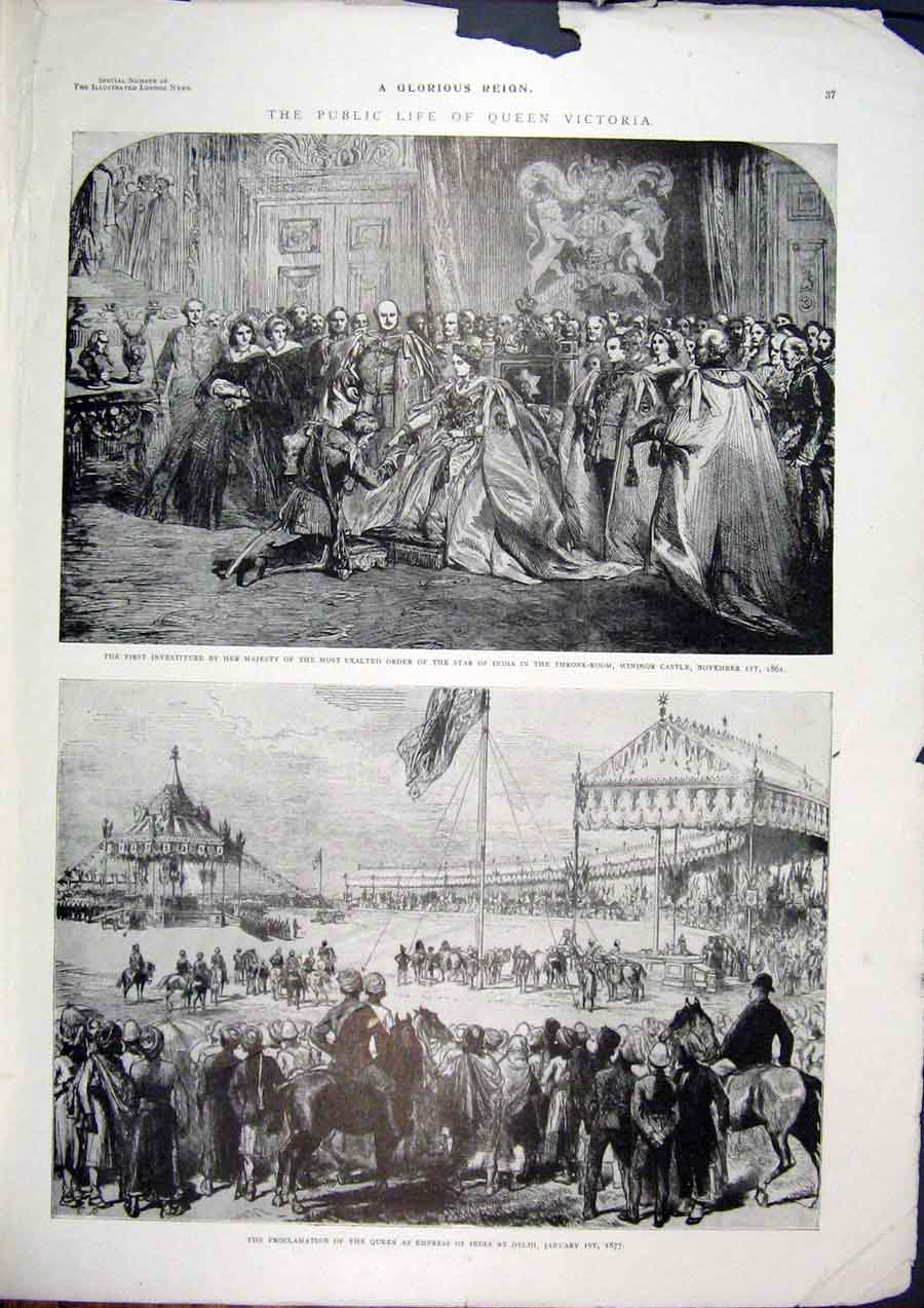 Old Antique Print Windsor Castle Throne Room India Delhi Star Queen 1901 20th