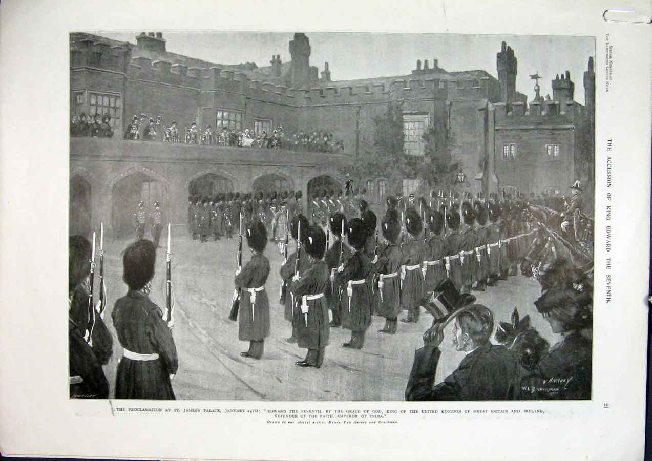 Old Antique Print Jame'S Palace London Proclomation Marshall College 1901 20th