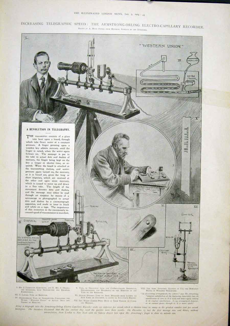 Old Antique Print Telegraph Armstrong Orling Electro Recorder Telegraphy