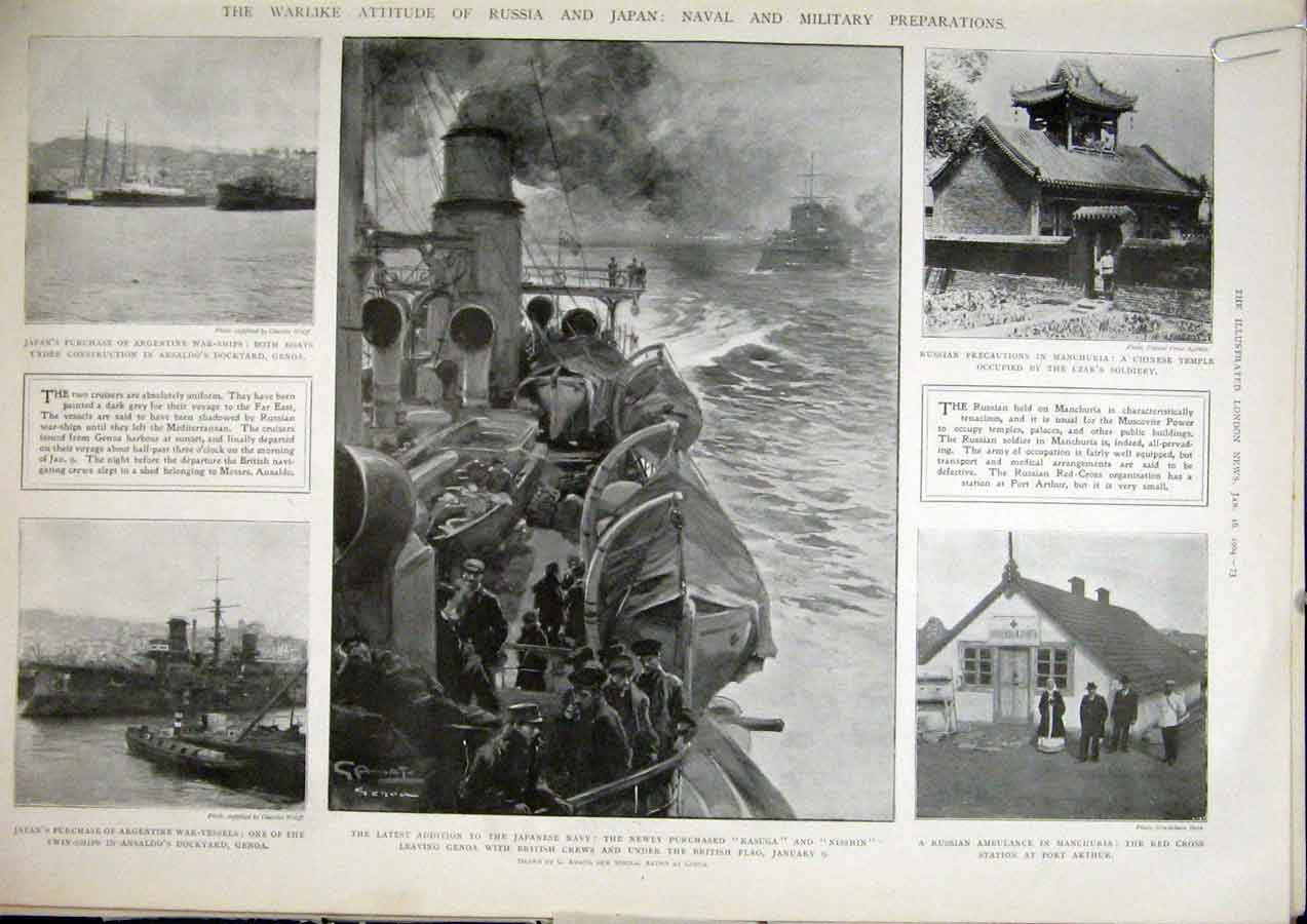 Original Old Antique Print War Russia Japan Military Navy Genoa Ship Czar 1904