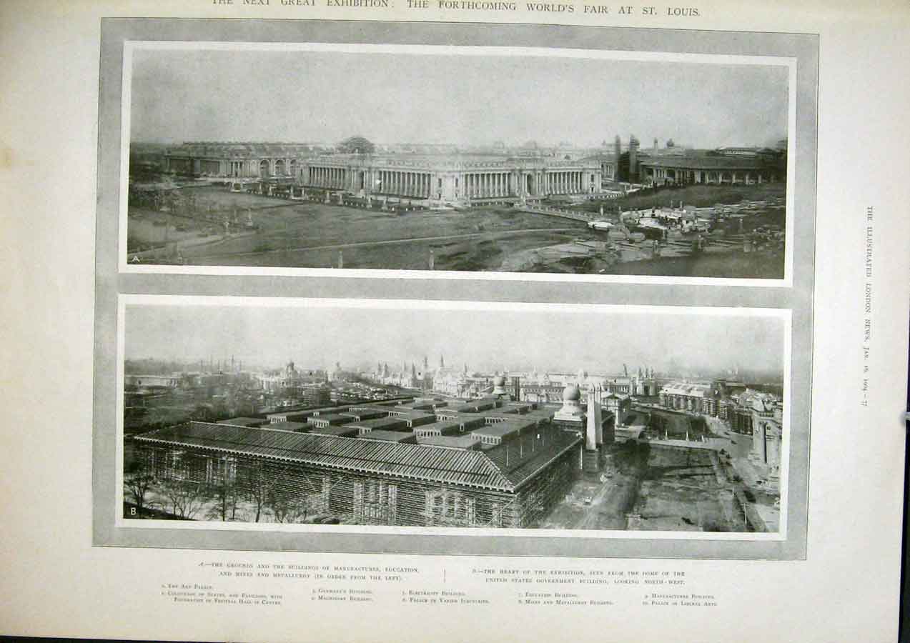 Original Old Antique Print Exhibition World Fair St Louis United States Building