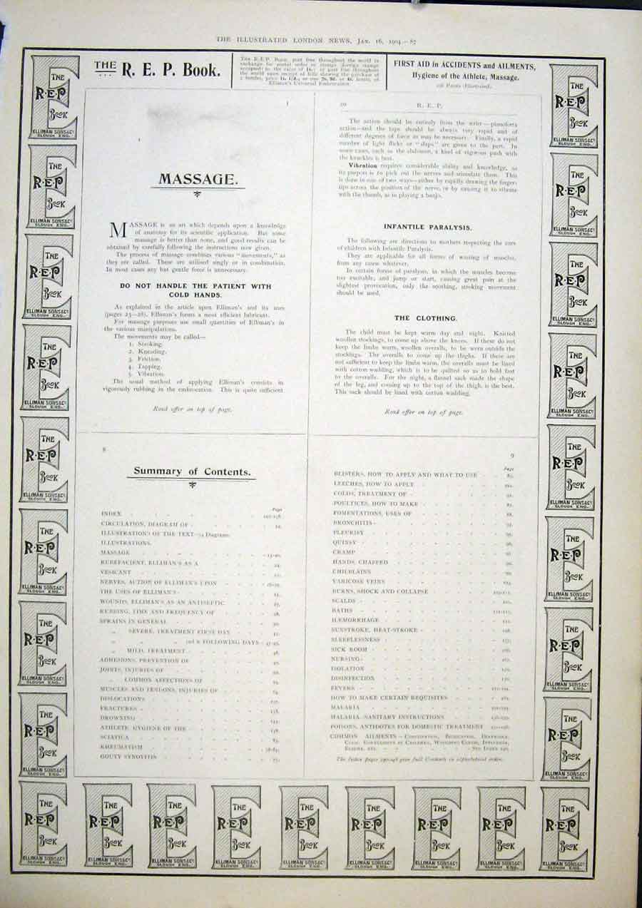 Original Old Antique Print Elliman Slough First Aid Massage Paralysis Rep Book