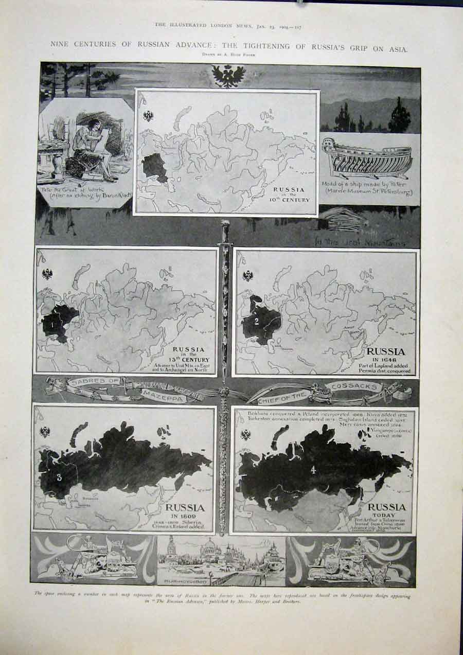 Original Old Antique Print Russian Advance Asia Russia Harper History Map