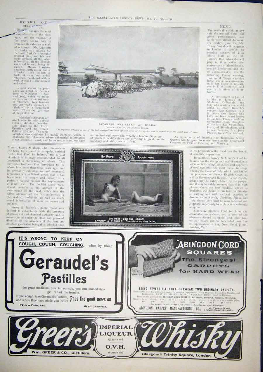 Original Old Antique Print Kapanese Artillery Osaka Savory Moore Advert Whisky