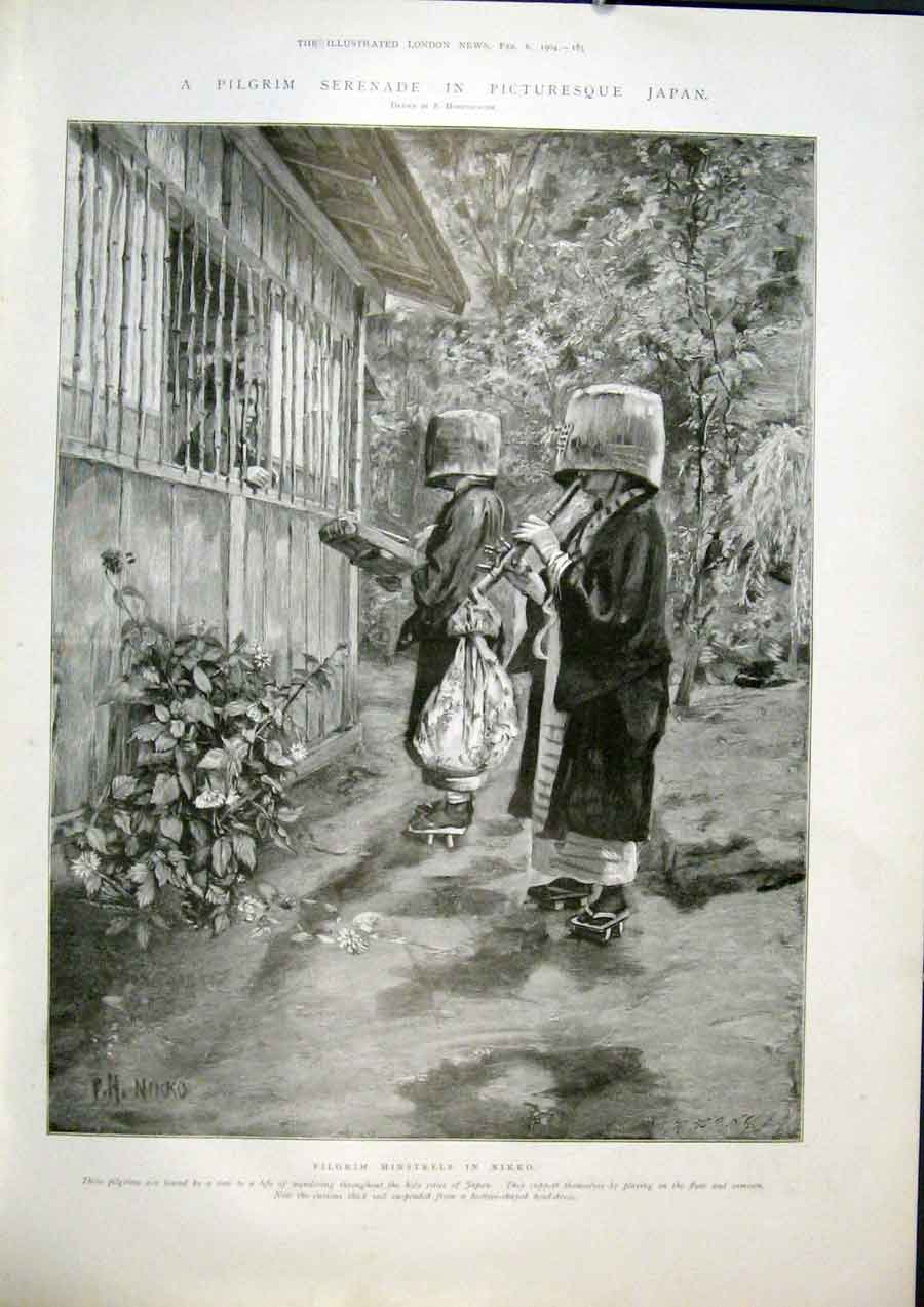 Original Old Antique Print Pilgrim Serenade Japan Nikko Minstrels 1904 20th