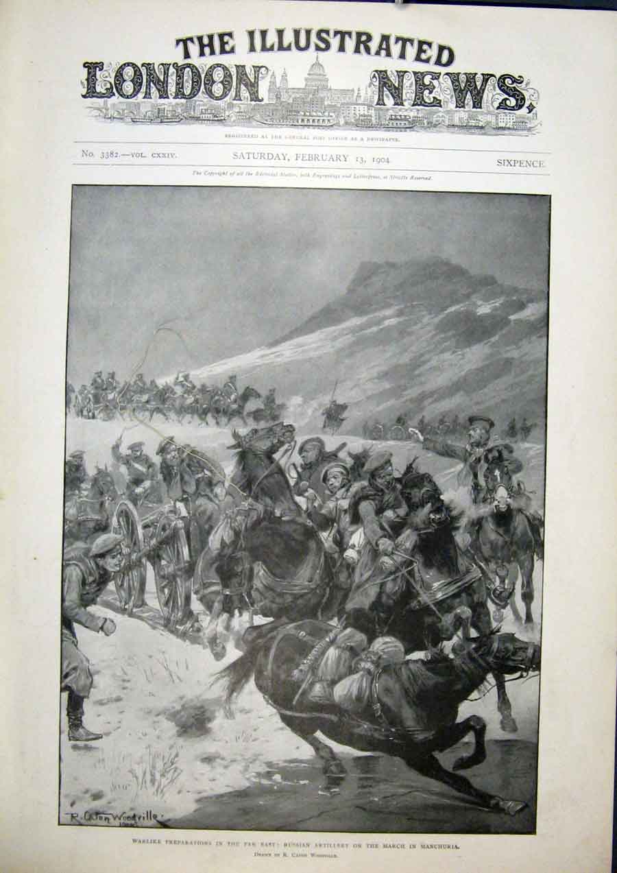 Original Old Antique Print War Russian Artillery Manchuria Russian 1904 20th