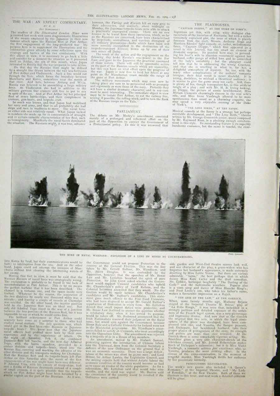 Original Old Antique Print Mine Naval War Explosion Navy 1904 20th Century