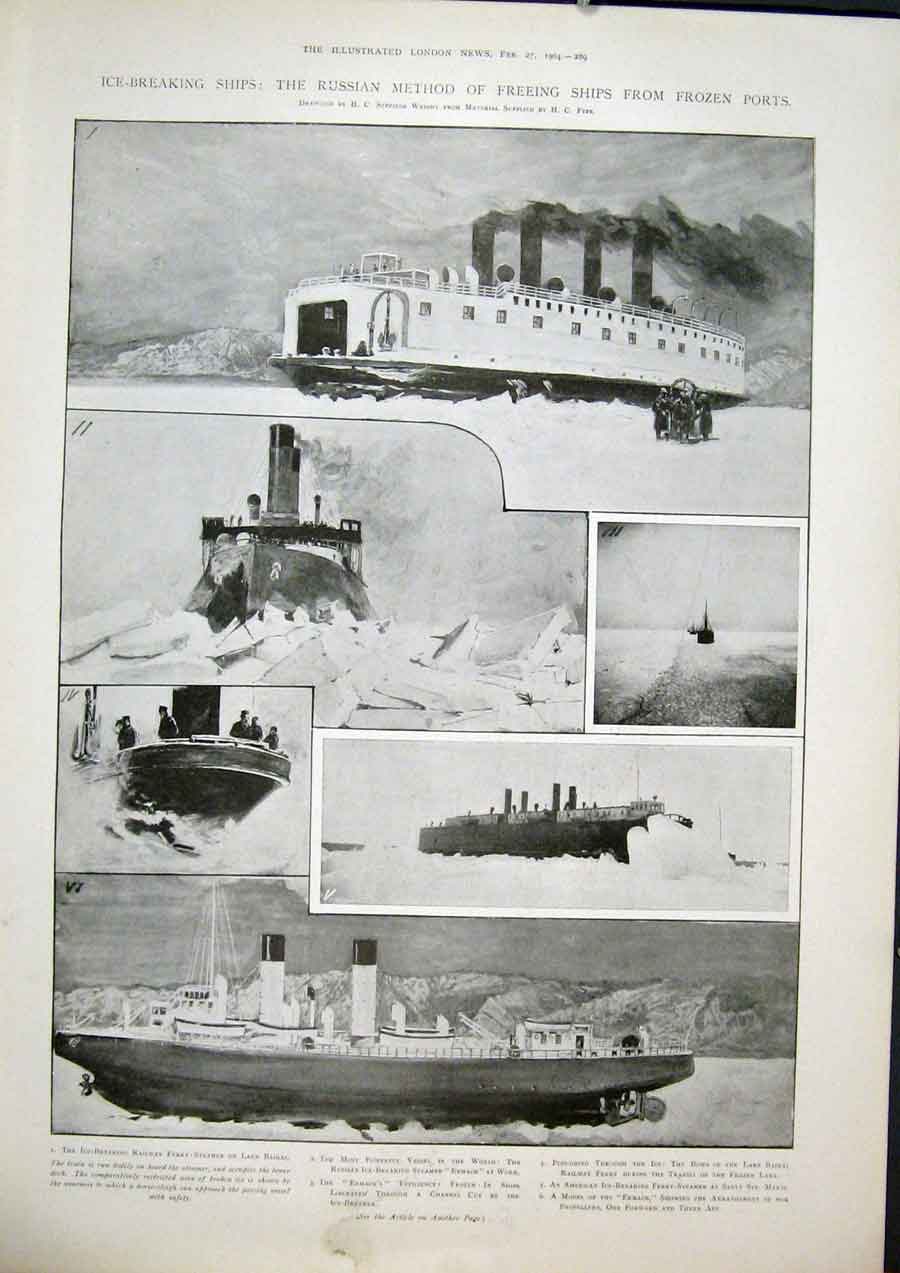 Original Old Antique Print Russian Ship Frozen Ports Ice Breaking Ships Ermack
