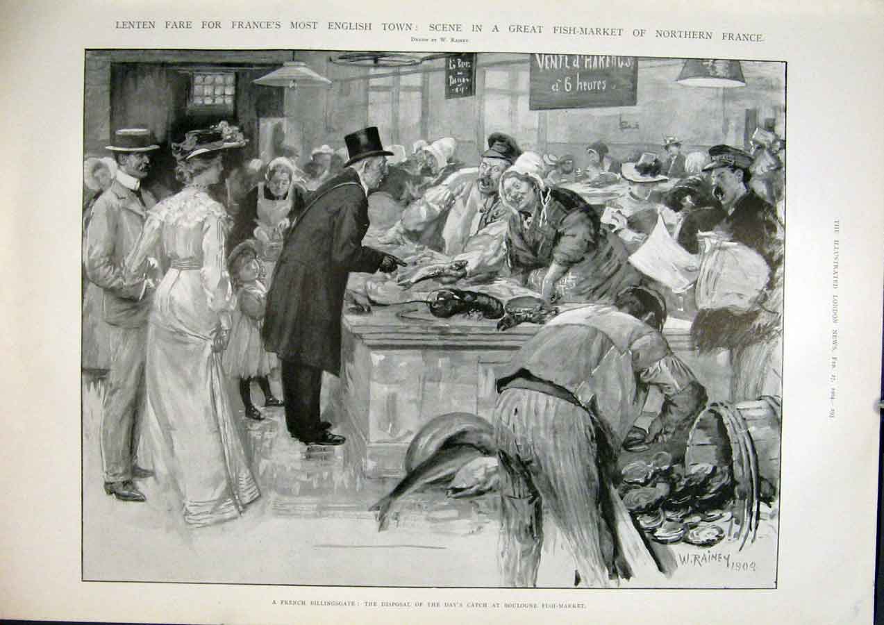 Original Old Antique Print France Boulogne Fish Market Lent 1904 20th Century