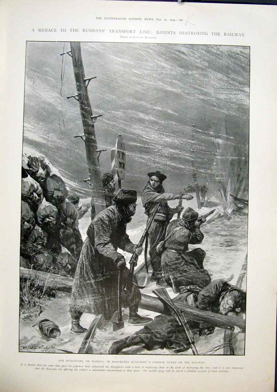 Original Old Antique Print Transport Line Railway Manchuria Cossack Harbin 1904