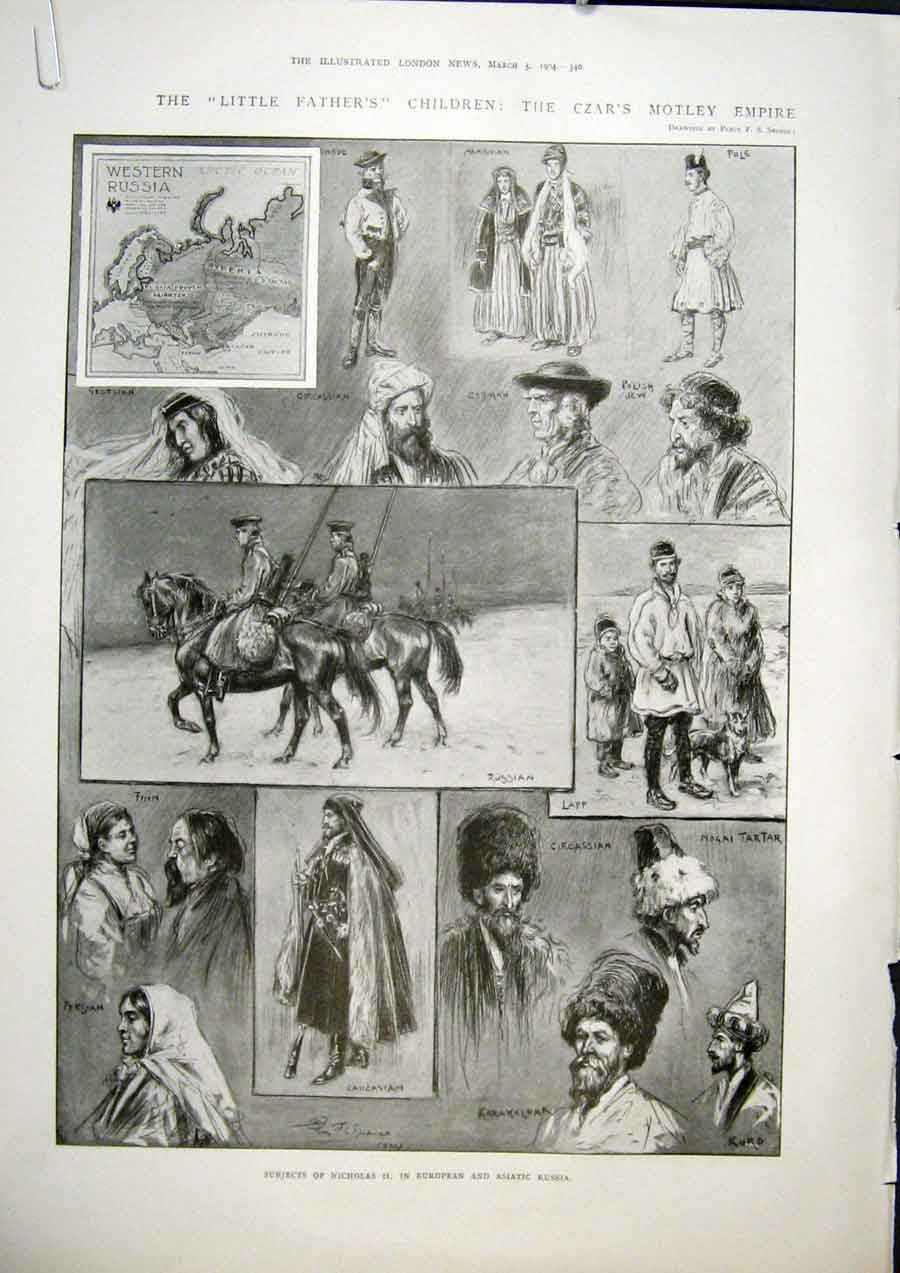 Original Old Antique Print Czar Children Russia Nicholas War 1904 20th Century