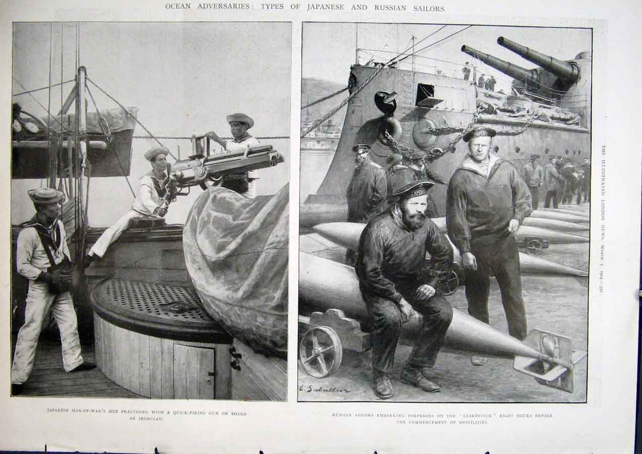 Original Old Antique Print Japanese Russian Sailors Ironclad Torpedos Czarevitch