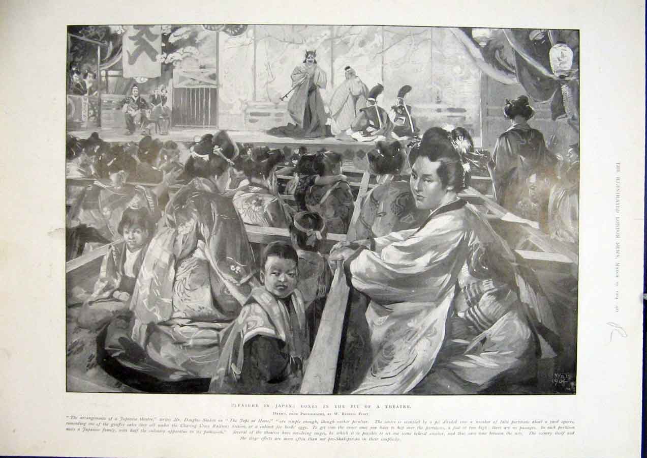 Old Antique Print Japan Theatre Tokio Tokyo Bank Navy Government Offices