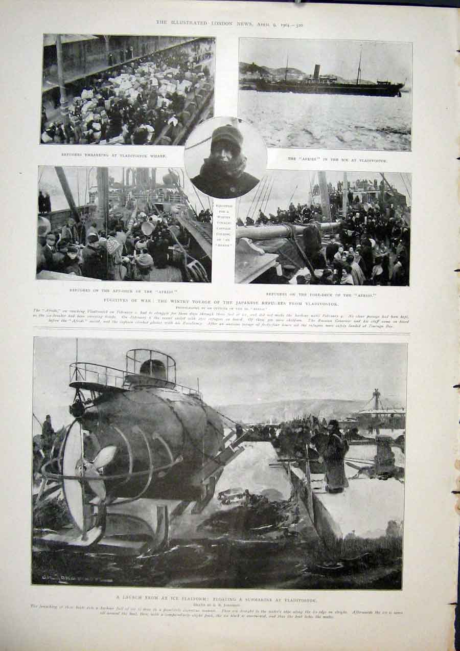 Original Old Antique Print Japanese Refugees Vladivostok Submarine Afridi Ship