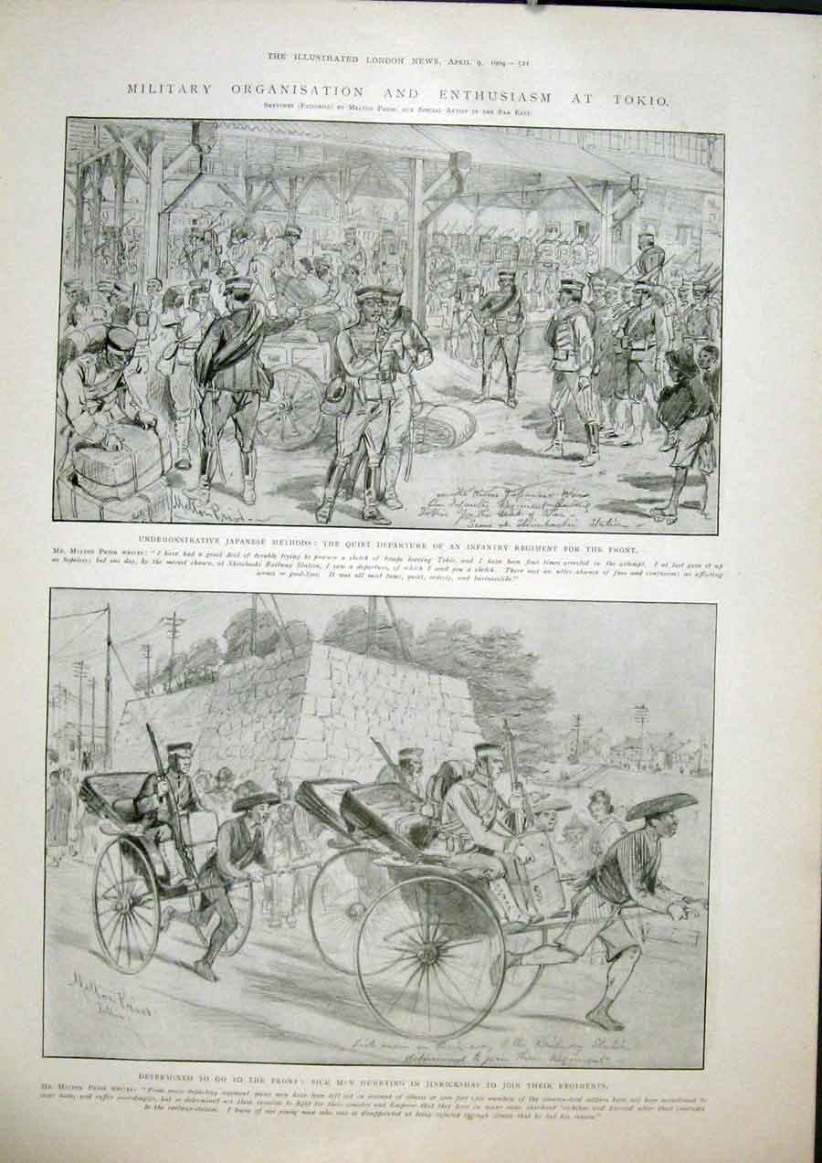 Original Old Antique Print Tokio Tokoyo Japan Infantry Jinricksha Japanese Army