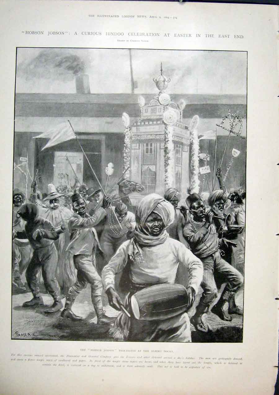 Original Old Antique Print Hobson Jobson Hindoo Celebration Easter London Dock