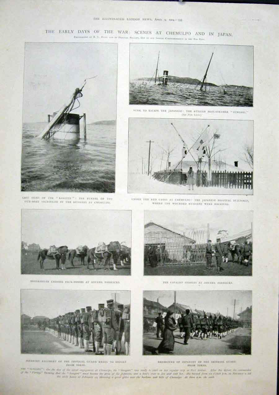 Original Old Antique Print Chempulpo Japan Korietz Sungari Ship Aoyama Infantry