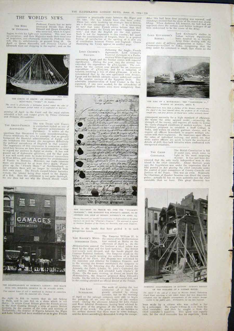 Old Antique Print Paris Bunyan Pilgrim Motor Boat Dickens Holborn London