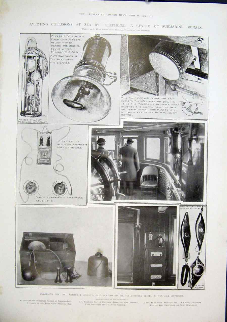 Original Old Antique Print Telephone Sea Submarine Signals Gray Mundy 1904 20th