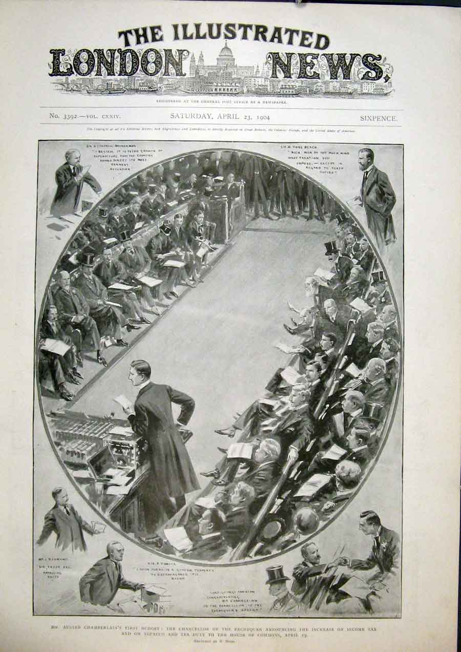 Old Antique Print Chamberlain Budget House Commons London Income Tax 1904 20th