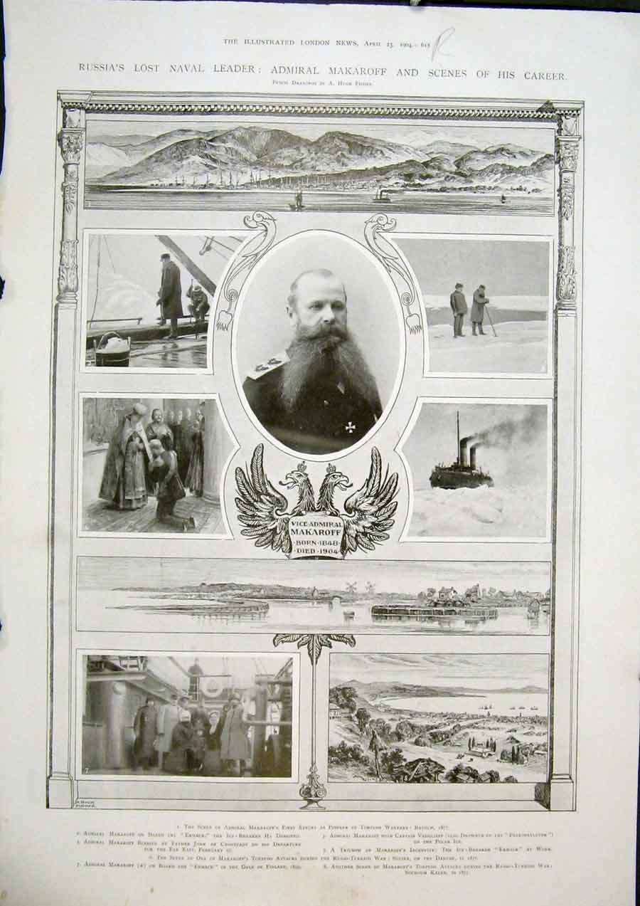 Original Old Antique Print Makaroff Russia Naval Admiral Port Arthur 1904 20th