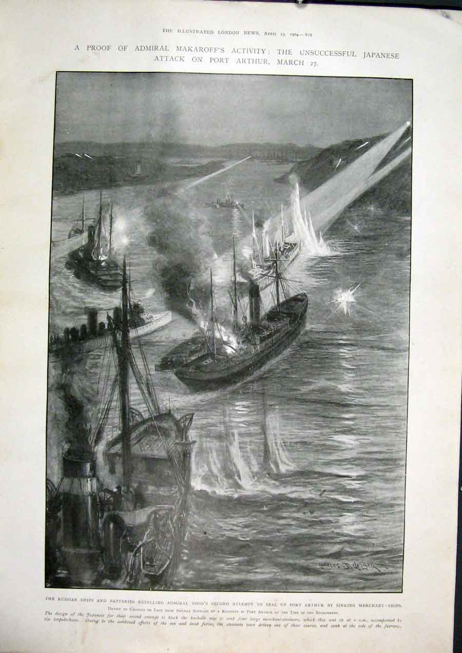 Original Old Antique Print Makaroff Japanese Russian War Togo Port Arthur Ships