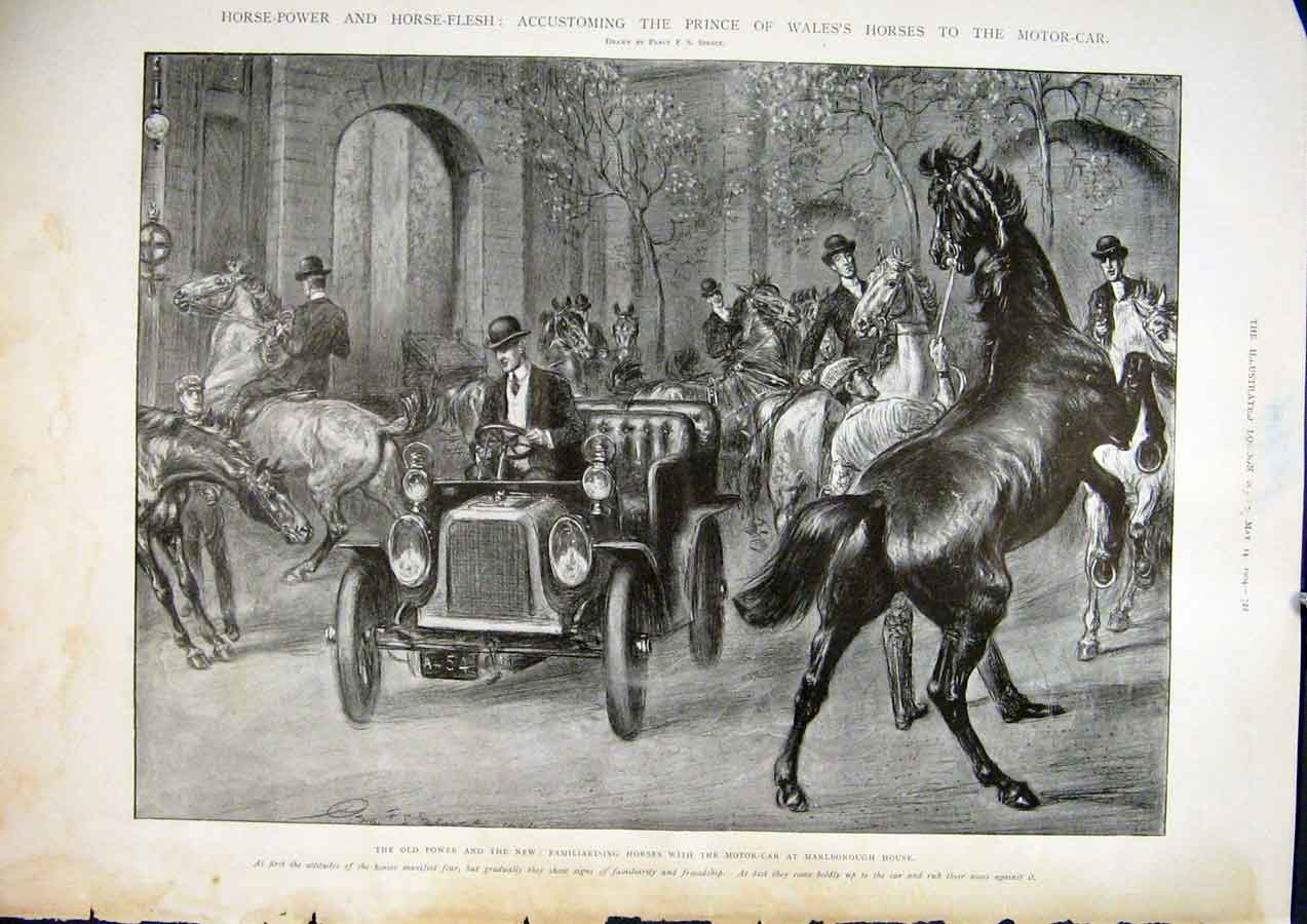 Original Old Antique Print Horse Power Motor Car Marlborough House 1904 20th