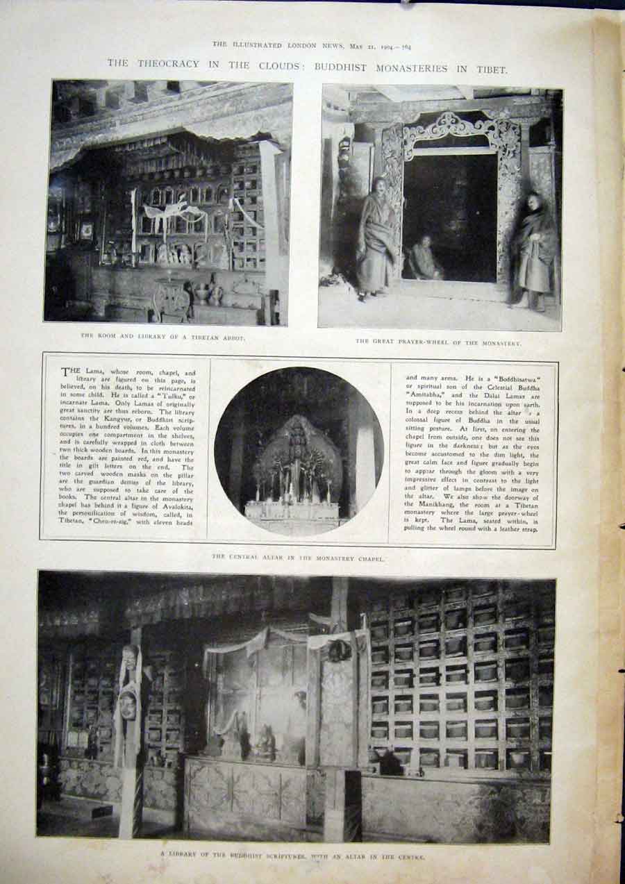 Old Antique Print Buddhist Monasteries Tibet Monastary Altar Chapel Abbot