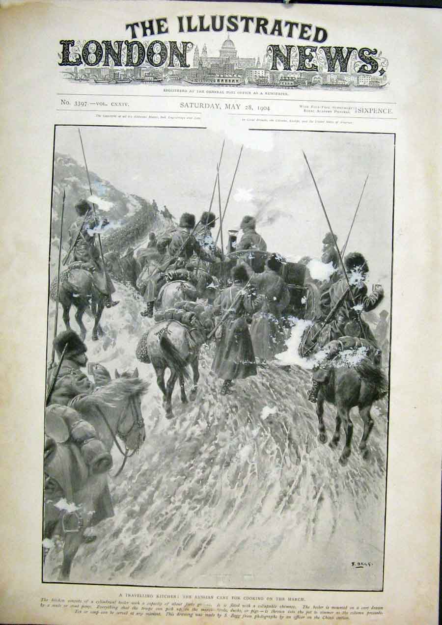 Original Old Antique Print Kitchen Travelling Russian Cart Troops 1904 20th