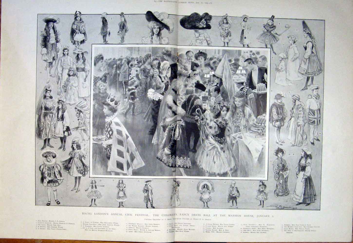 Old Antique Print London Civic Festival Children Fancy Dress Ball Mansion