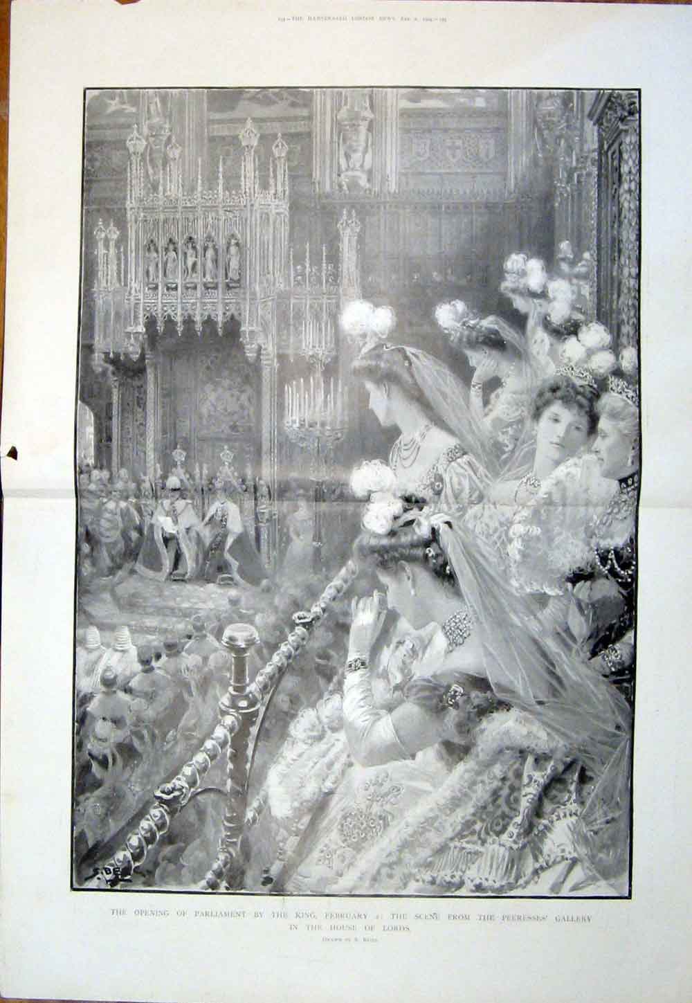 Old Antique Print Parliament House Lords King London Peeress Gallery 1904 20th