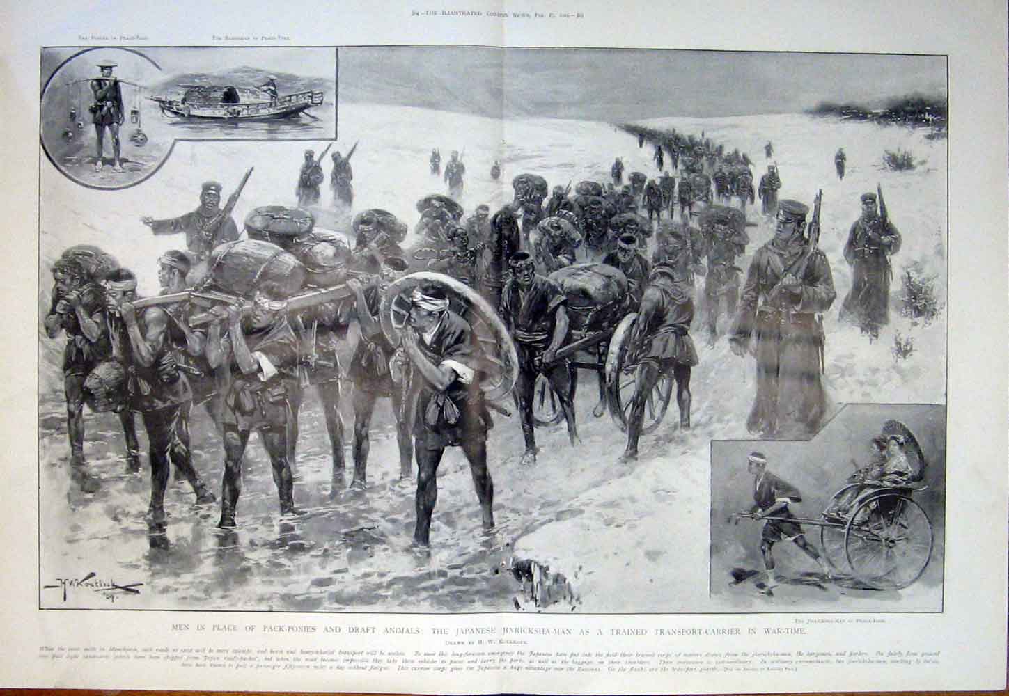 Old Antique Print Jinricksha Japanese War Ponies Draft Animals Transport