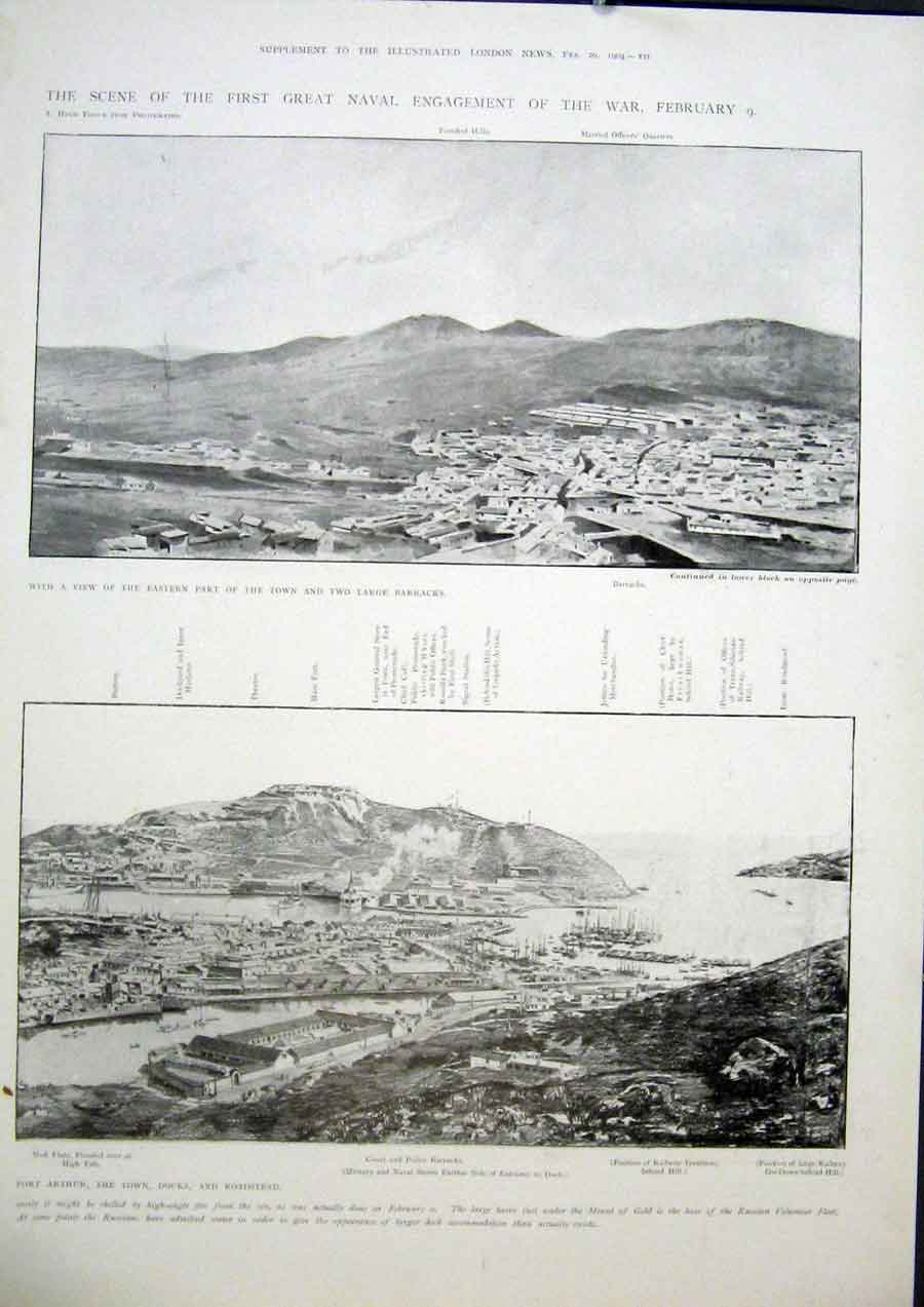 Old Antique Print Naval War Port Arthur Docks Russian Japanese Japan 1904 20th