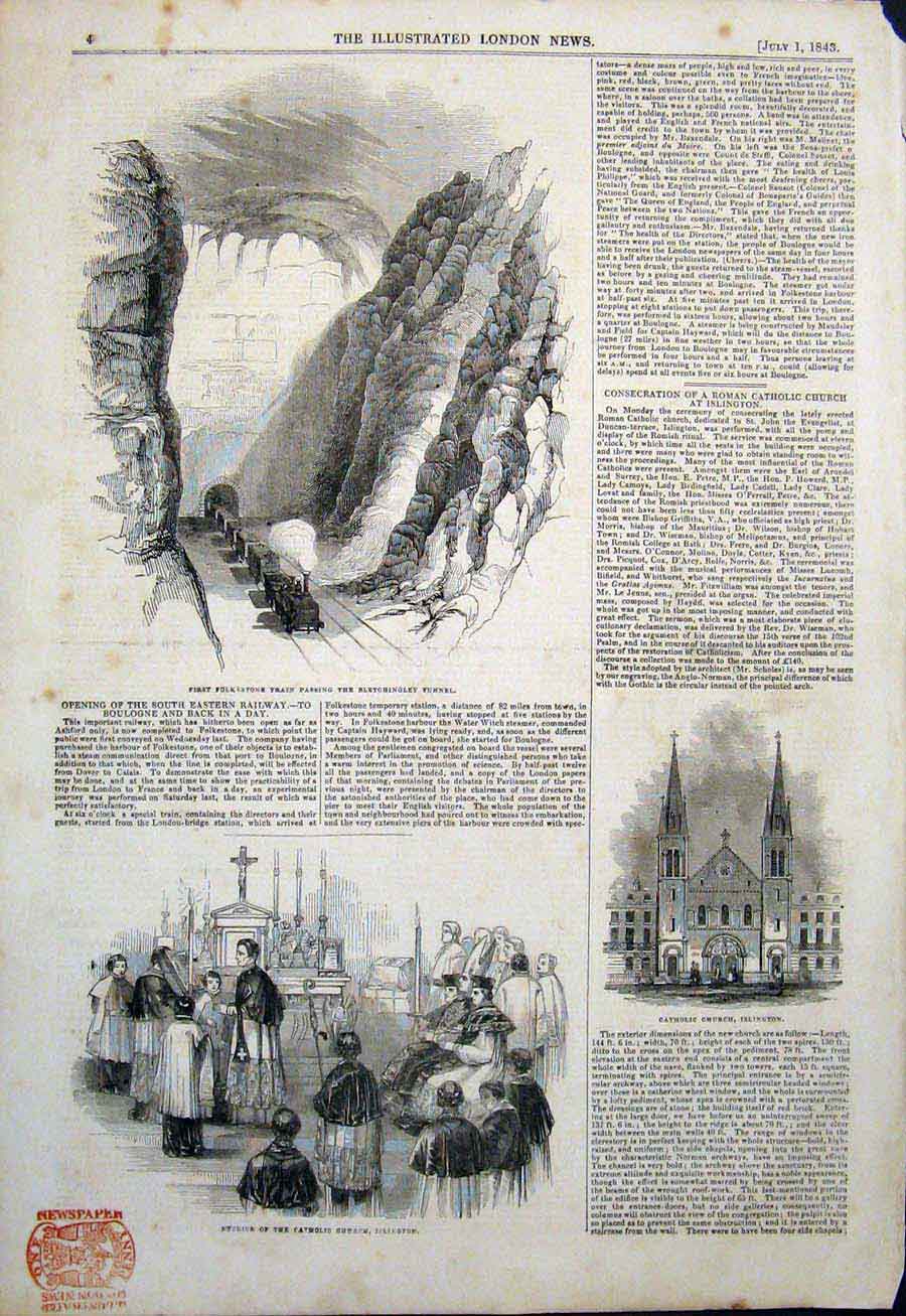 Original Old Antique Print Bletchinley Tunnel Train Catholic Church Islington