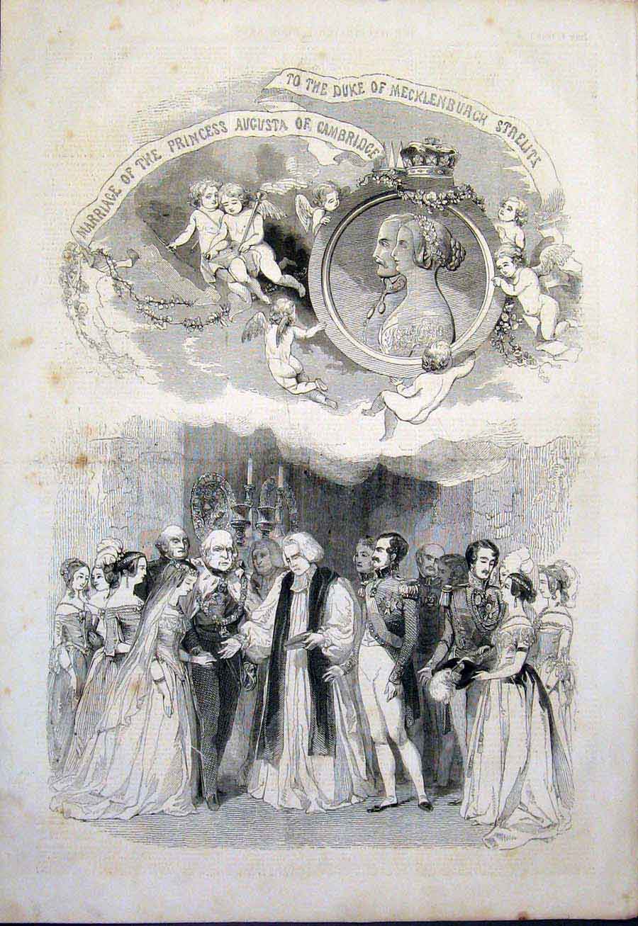 Original Old Antique Print Marriage Wedding Princess Augusta Duke Mecklenburgh