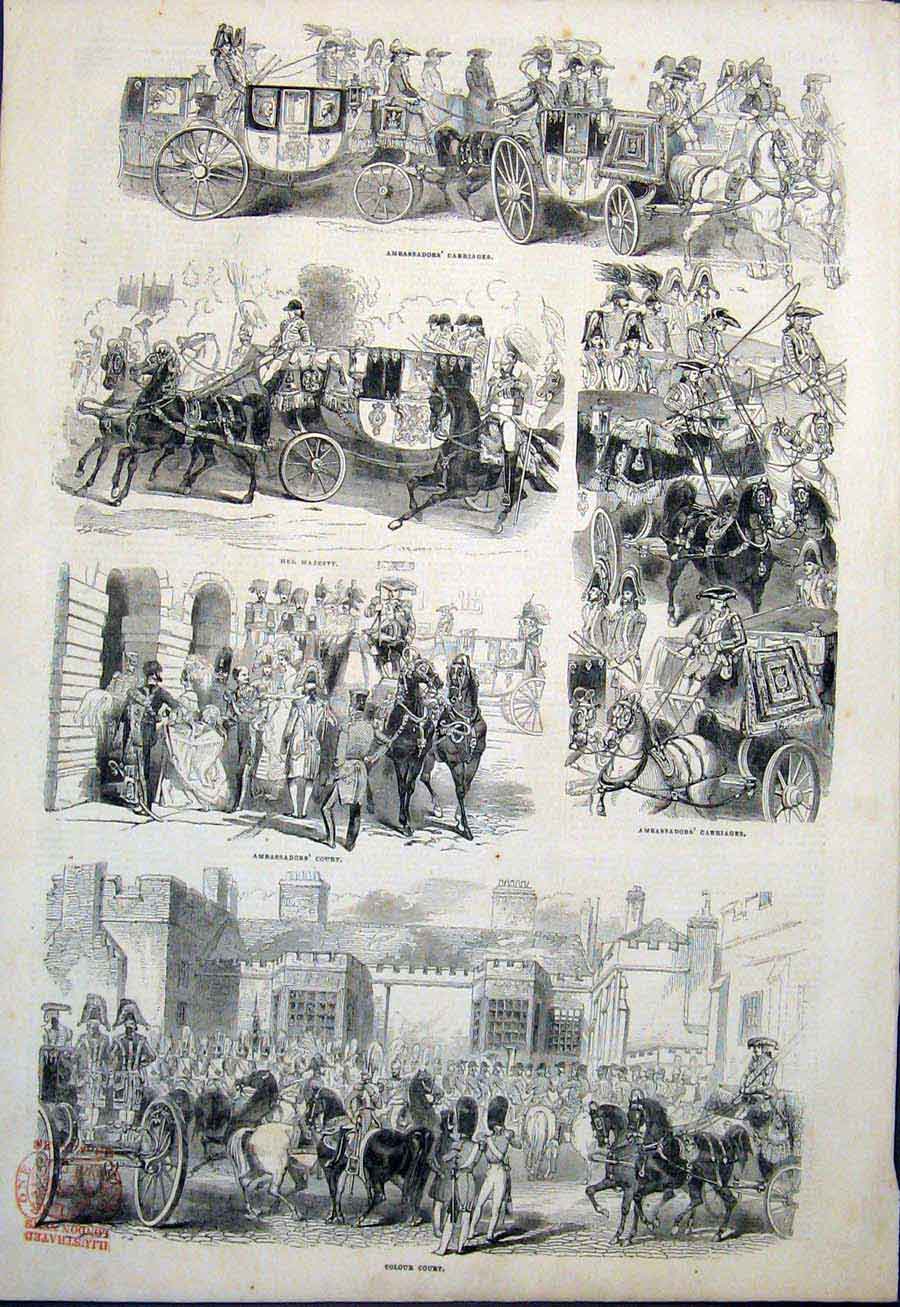 Original Old Antique Print Ambassador Carriage Court Guard Room Tapestry 1843