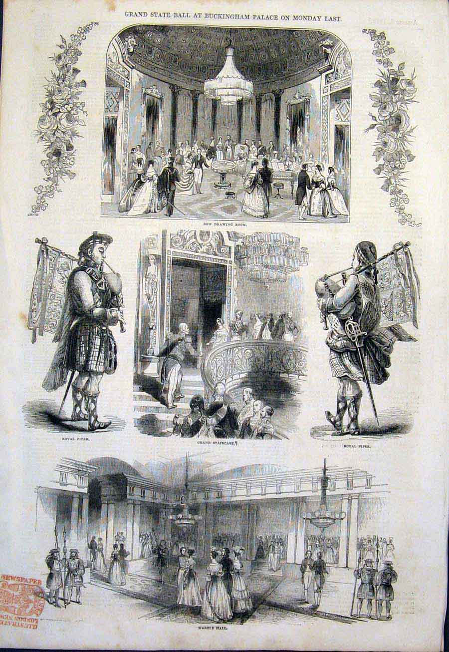 Old Antique Print Buckinham Palace Bow Room Marble Hall Ball Royal Piper