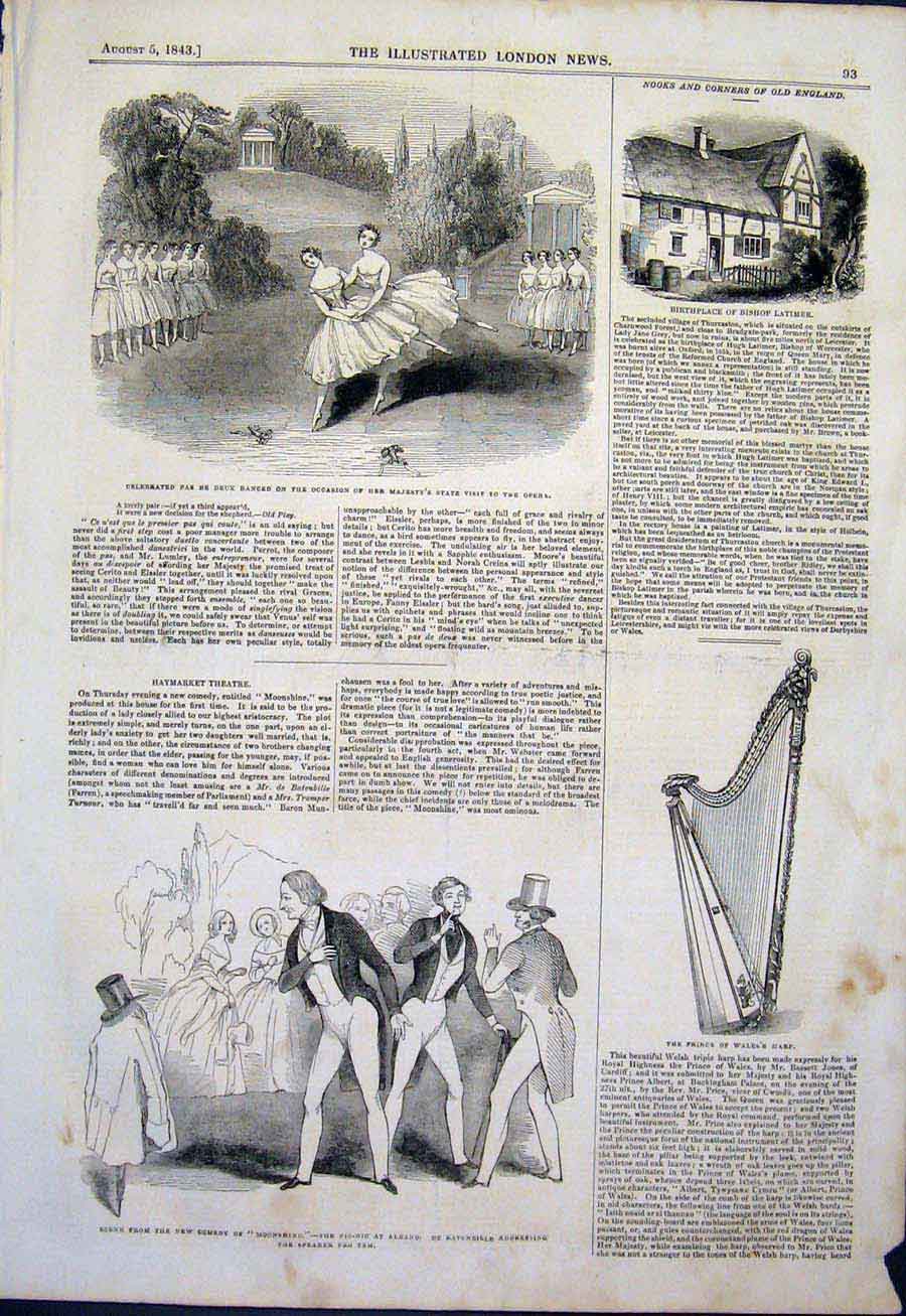 Original Old Antique Print Theatre Opera Haymarket Harp Bishop Latimer 1843 19th