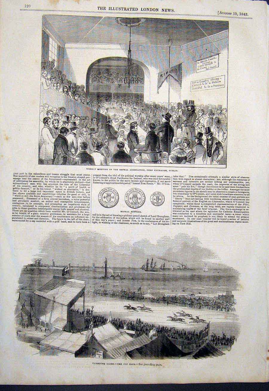 Old Antique Print Corn Exchange Dublin Repeal Buttons Yarmouth Races Race