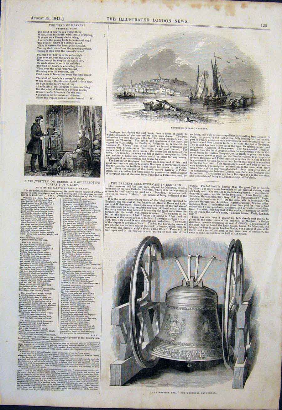 Old Antique Print Boulogne Harbour France Monster Bell Montreal Cathedral