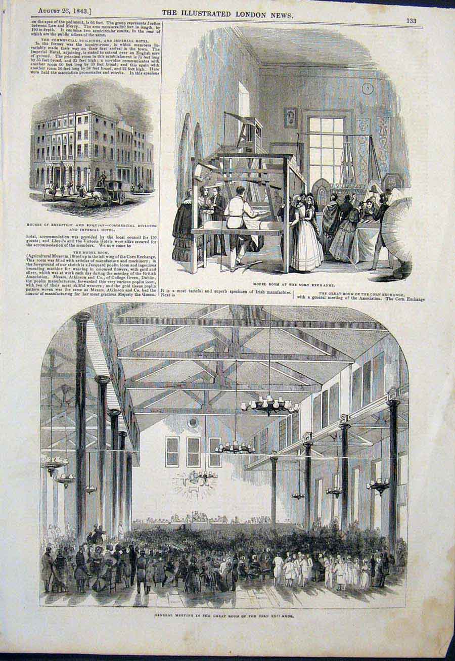 Old Antique Print Corn Exchange General Meeting Commercial Building 1843 19th