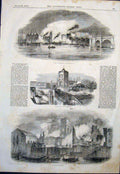 Old Antique Print River Fire Thames London Bridge St Olave'S Church Ruin