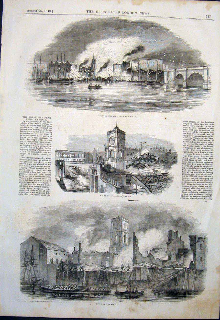 Old Antique Print River Fire Thames London Bridge St Olave'S Church Ruin