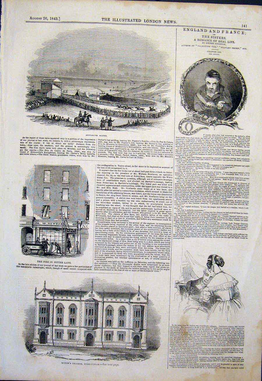 Original Old Antique Print Boulogne Races Fire Fetter Lane Birmingham 1843 19th