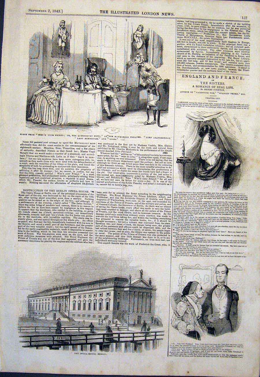 Original Old Antique Print Haymarket Theatre Opera House Berlin Germany 1843
