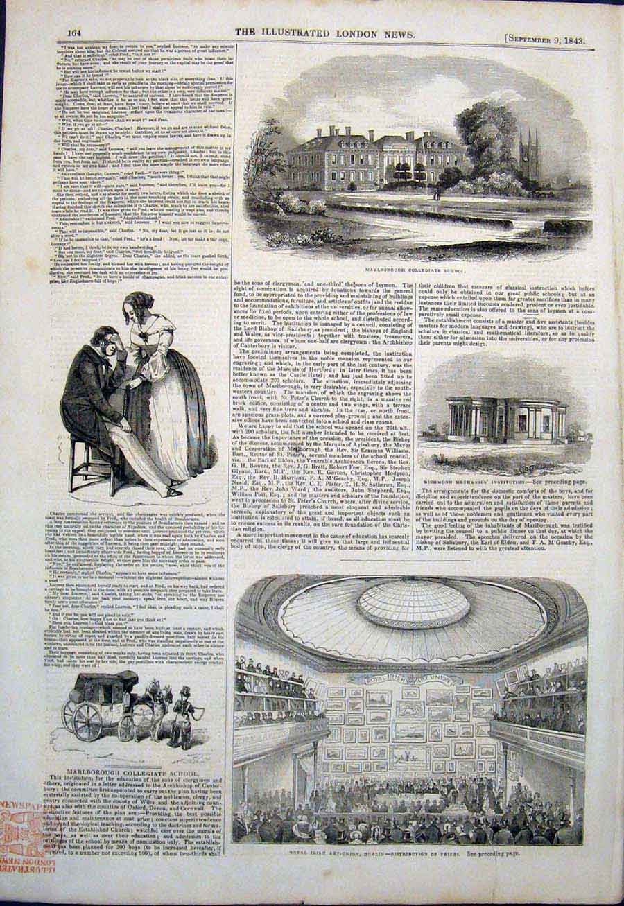 Old Antique Print Marlborough Collegiate School Richmond Dublin Art Irish